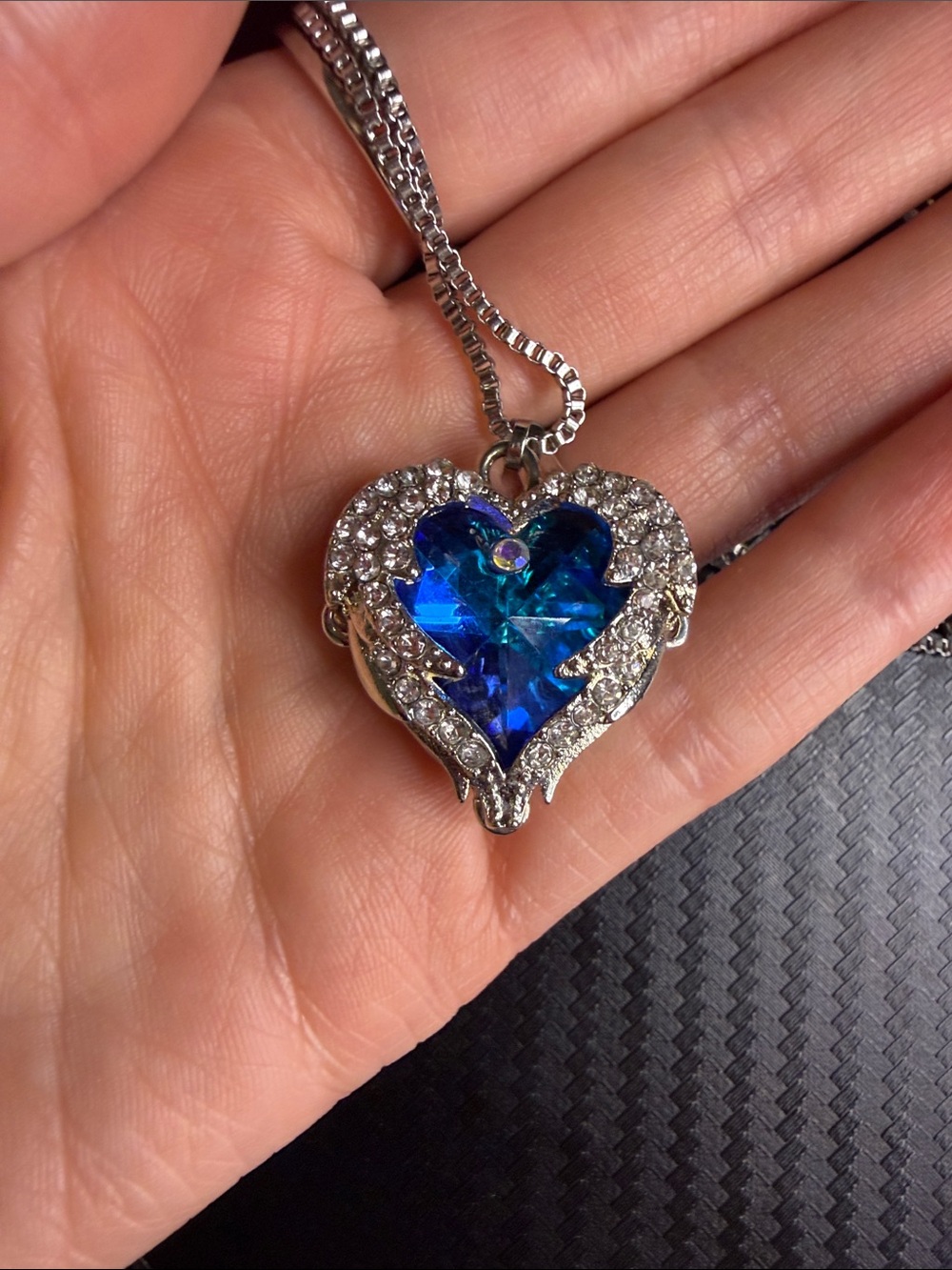 Sparkling Blue Heart Crystal Pendant Necklace - Silver Tone